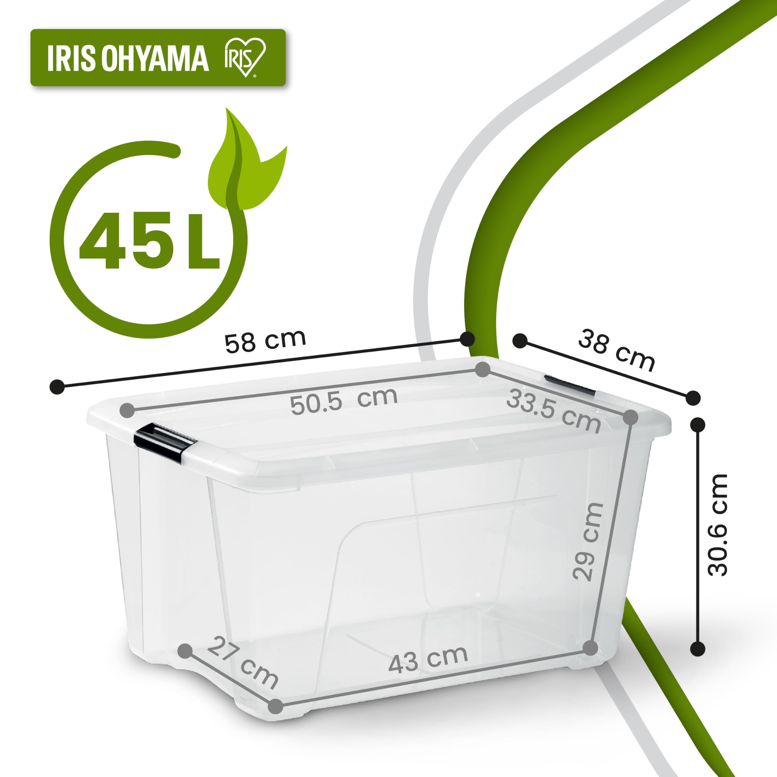 Iris Ohyama, Kunststoff-Aufbewahrungsbox mit Deckel, 45L, 3er-Set, Transparent, 98% recycelter Kunststoff, Verschlussclips, Griff, Stapelbar, Fürs Schlafzimmer, Ankleidezimmer, Büro, BPA-frei, BSB-45