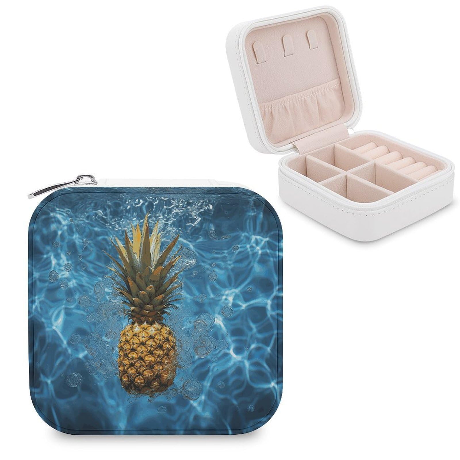 FekiLoot Pineapple in The Pool Jewelry Box Custom Jewelry Travel Case Pu Leather Trinket Organizer Box to Organize Ring Pendant Earring Small Portable Jewelry Storage Holder for Women