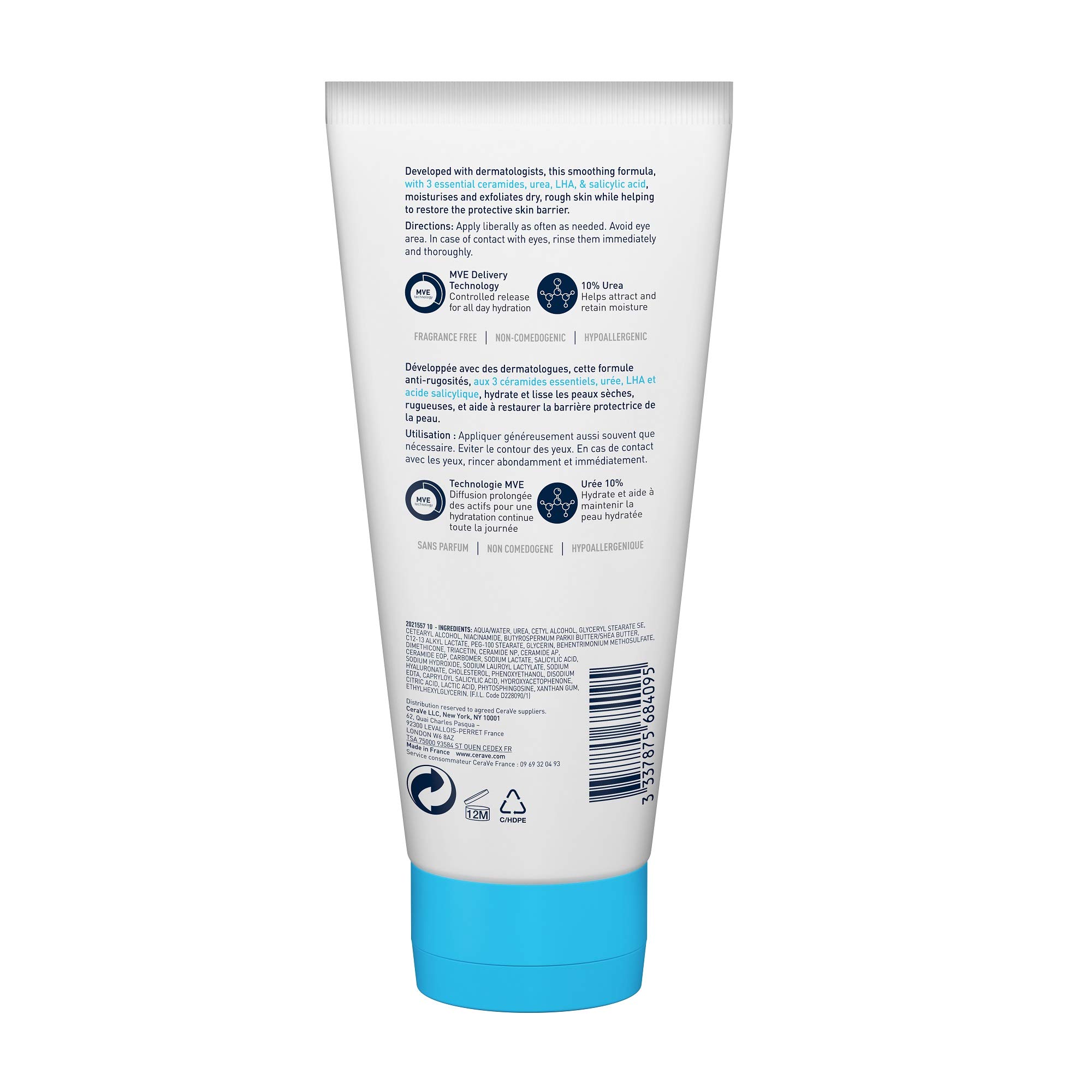 CeraVe - Crème Anti-Rugosités à l’Acide Salicylique, Crème Hydratante Corps, Exfolie, Adoucit et Lisse, Céramides, Acide Hyaluronique, Urée, Peaux Sèches, Rugueuses, Squameuses et Kératose Pilaire