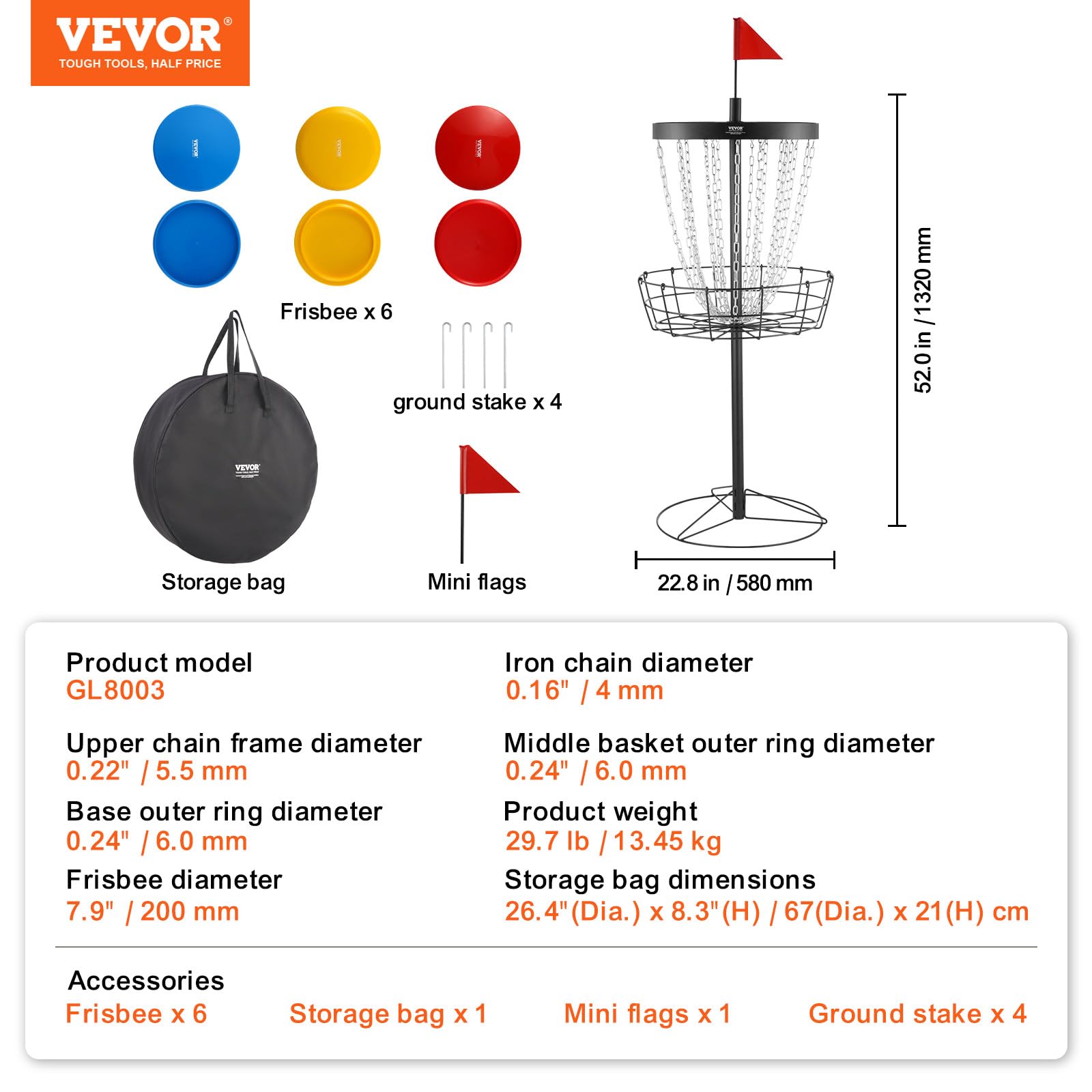 VEVOR Canasta de Golf con Disco de 24 Cadenas Objetivo de Golf con Disco de Acero Portátil Canasta de Golf con Disco con 6 Discos Equipo de Entrenamiento Profesional para Interior y Exterior, Negro