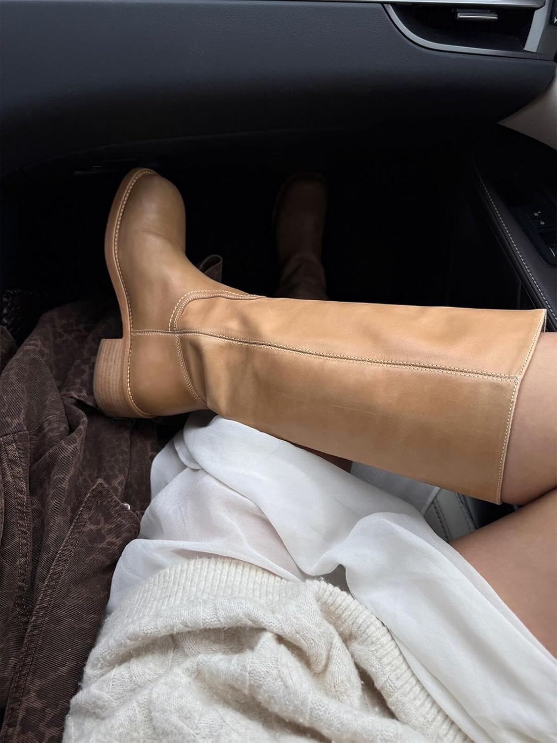 Coutgo Women's Knee High Boots Square Toe Chunky Block Heel Tall Boots Comfortable Low Heel Shoes image 2