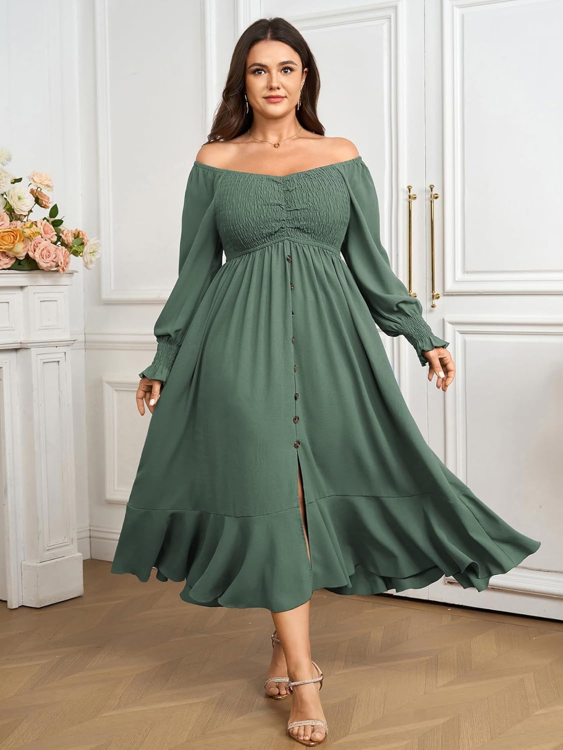 Plus Size Smocked Casual Maxi Dress for Curvy Women Long Sleeve Sweetheart Neckline Fall Dresses Button Down - Image 4