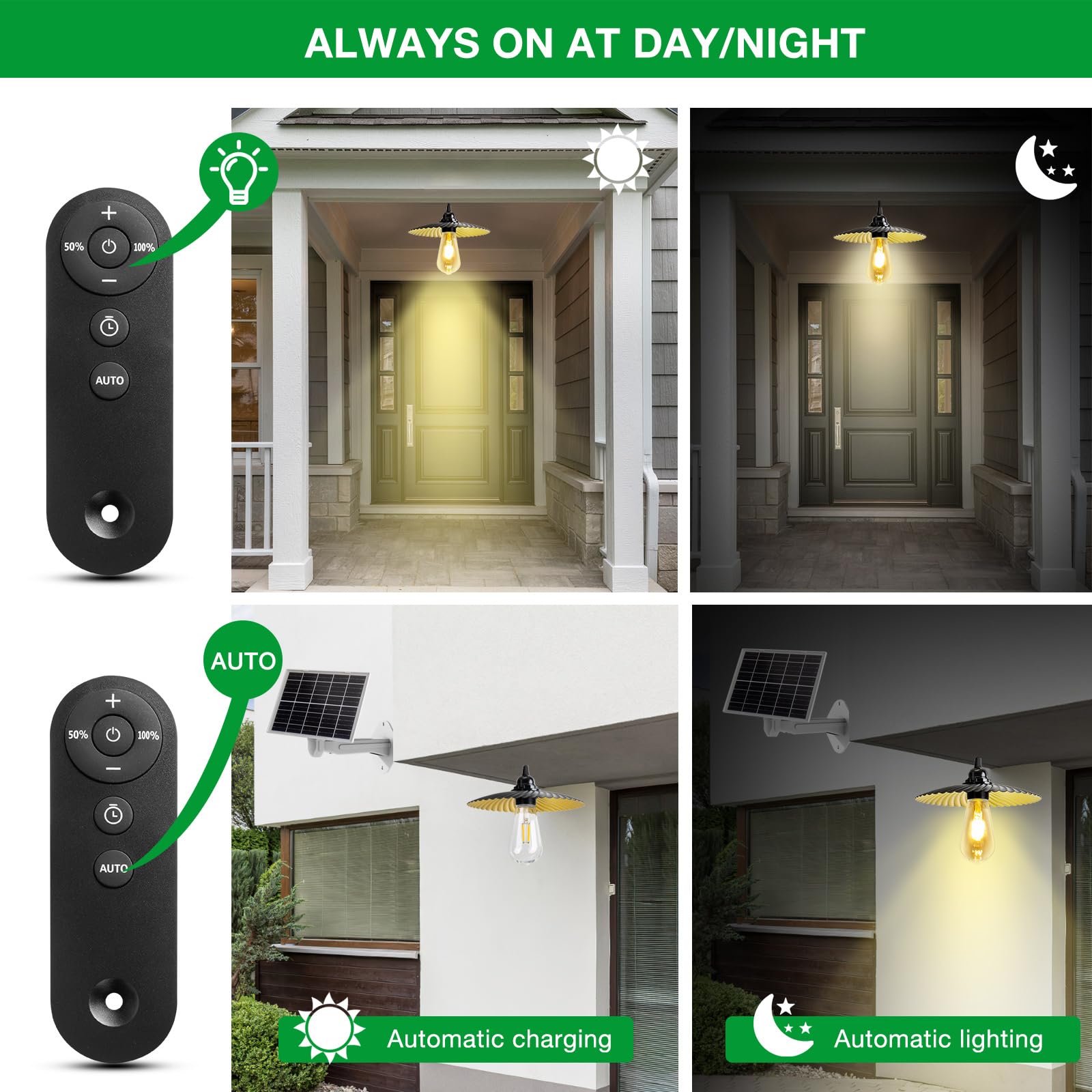Luces Solares Exterior con Mando a Distancia 10m, Lampara Solar Interior Carga por USB 5200mAh Batería, Lámpara Solar Regulable, IP65 Impermeable, para Jardín/Balcón/Patio (2 Lámparas)
