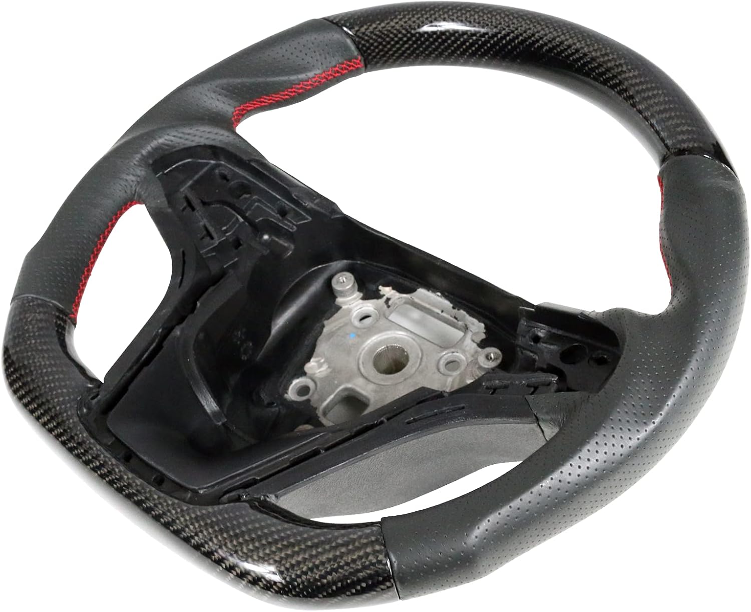 IKON MOTORSPORTS, Steering Wheel Compatible With 2012-2015 Chevy Camaro, Black Carbon Fiber & Perforated Leather Steering Wheel Brushed Kit With Red Stitching