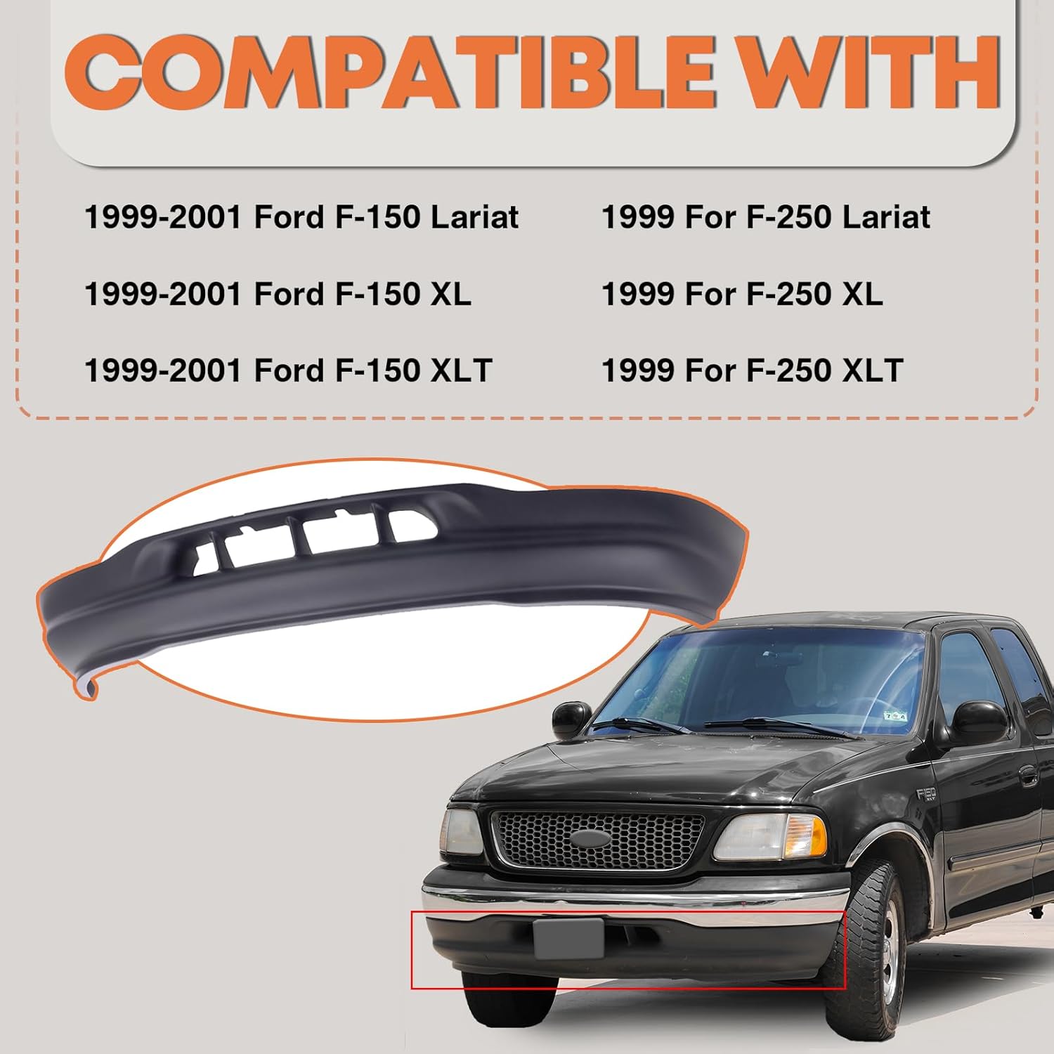 CarPartsDepot Prime Front Bumper Dam Valance Lower Air Deflector Compatible With Ford F-150 F-250 RWD Standard Extended Crew Cab Pickup 1999-2001 XL XLT Lariat XL3Z17626AA FO1095194