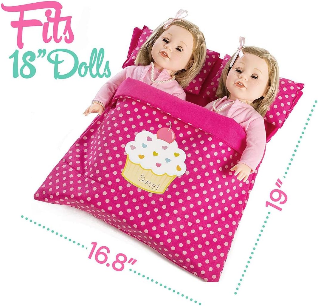 Beverly Hills Doll Collection Doll Accessories Reversible Twin Sleeping Bag with Attached Pillows - Double Bedding Set for Twin Dolls Sleepover and Slumber Party - Compatible with 18" Girl Dolls
