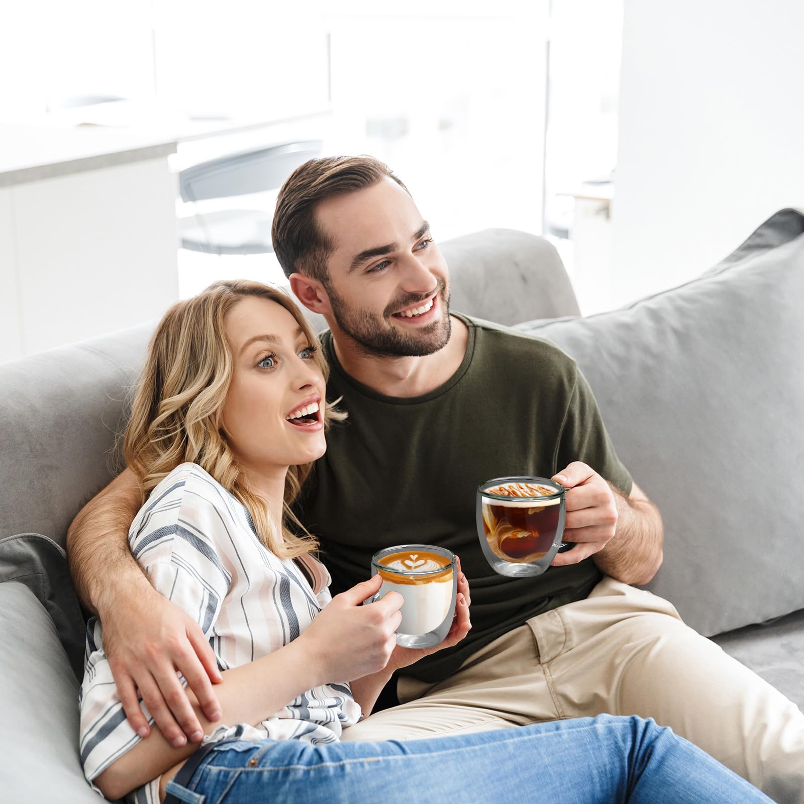 TKNO Confezione da 4 bicchieri da caffè a doppia parete da 380 ml, isolati, stile barista, in vetro trasparente, per latte, cappuccino, bianco piatto, tazze da caffè in borosilicato resistente al