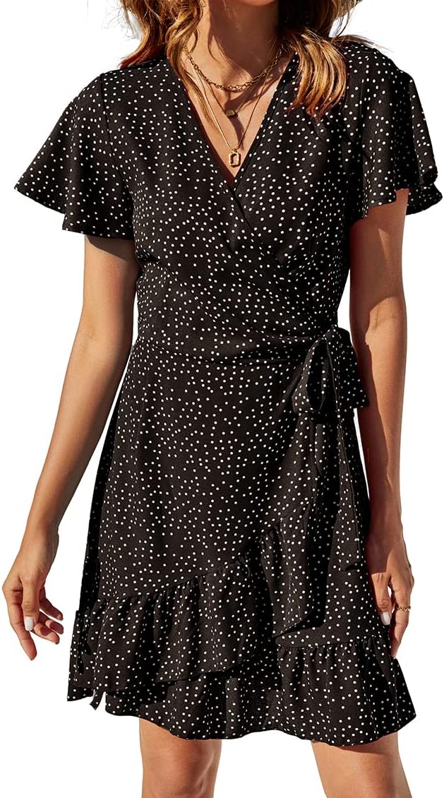 Women's Summer Wrap Dresses V Neck Polka Dot Print Ruffle Short Sleeve Mini Floral Boho Dress with Belt