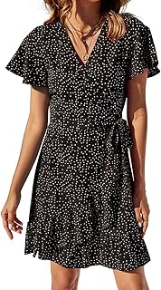 Women's Summer Wrap V Neck Polka Dot Print Ruffle Short Sleeve Mini Floral Dress with Belt - Buy now