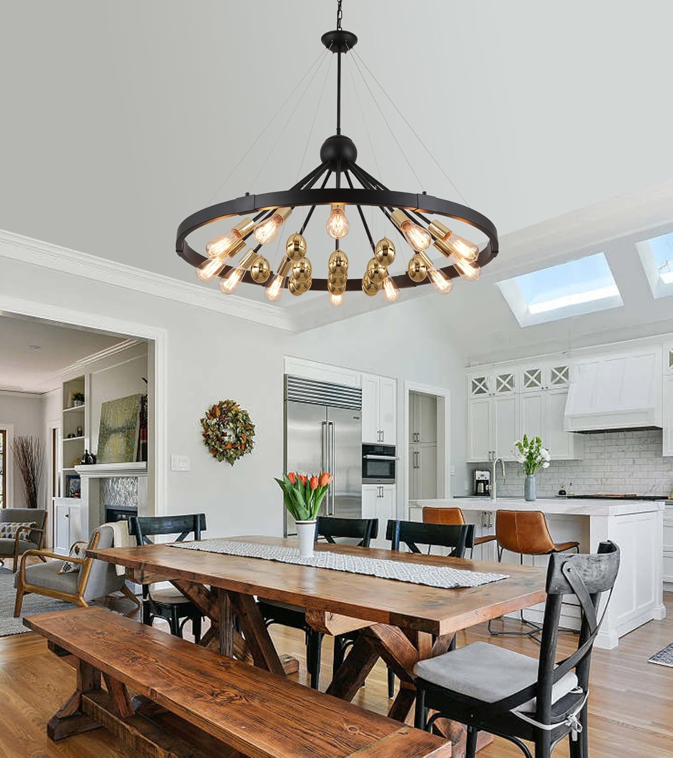 Q&S Wagon Wheel Chandelier,Black and Gold Chandeliers,Modern Farmhouse Large Round Circle Light Fixture for Living Room Hotel Dining Room Stairs Foyer High Ceilings 12 Lights UL Listed W38.2