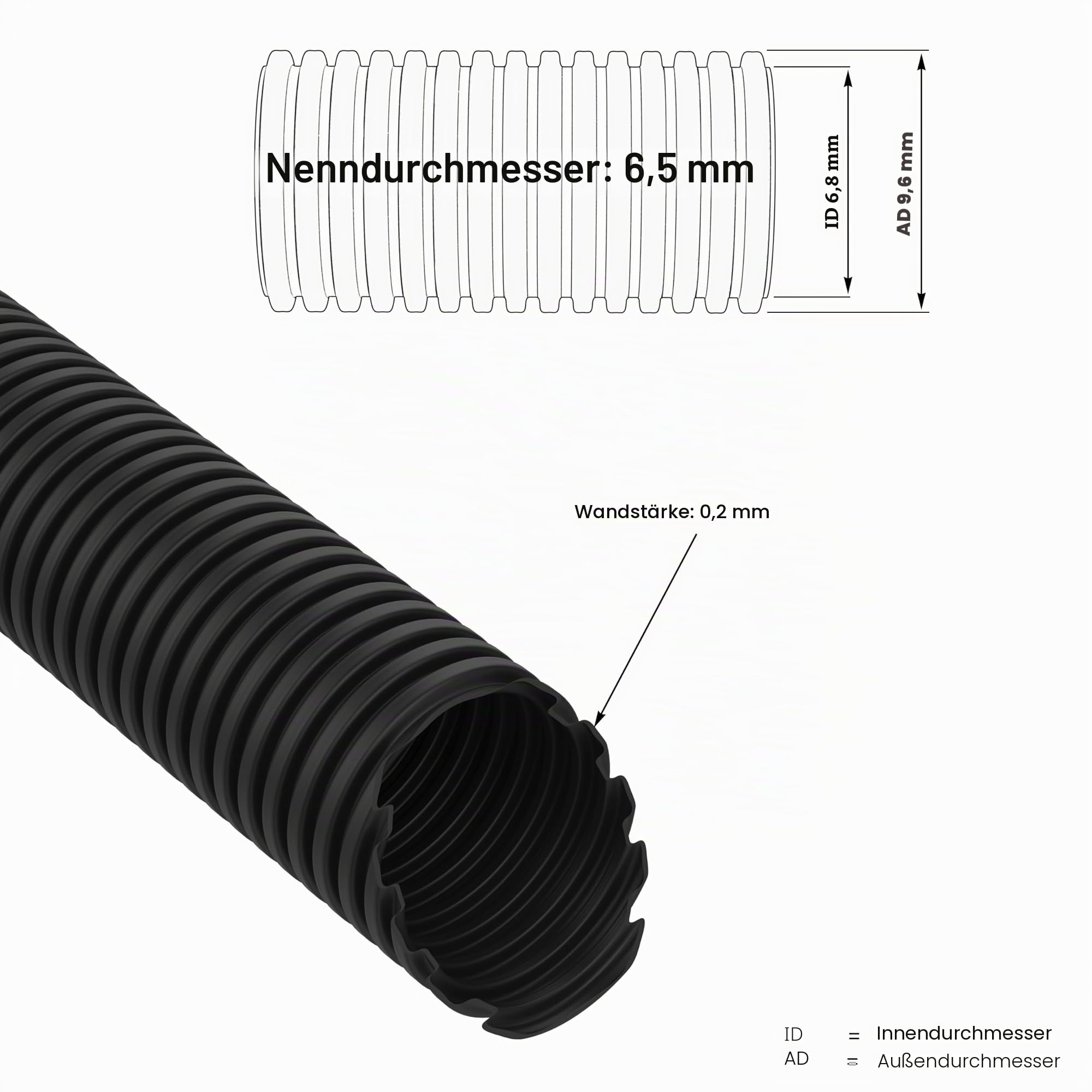 AUPROTEC Wellrohr ungeschlitzt schwarz ID 6,5mm, Länge 50m | Polypropylen, PP-MOD, UV-beständig, Hitzebeständig, Kabelschutzschlauch, Innen- und Außenbereich