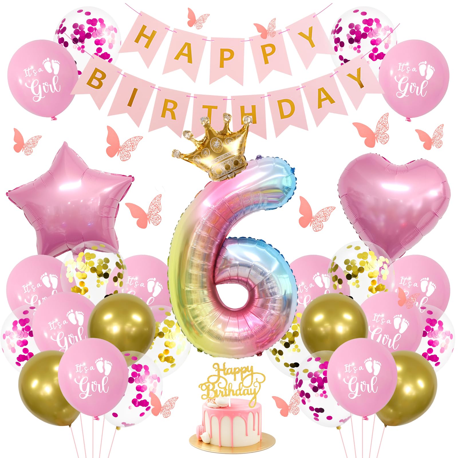 Pink Princess 6th Birthday Decorations for Girls - Pink Party Balloons Set with Rainbow Number 6 & Gold Crown Foil, Happy Birthday Banner, 3D Butterfly Decor, Cake Topper Confetti & Star Heart Foils
