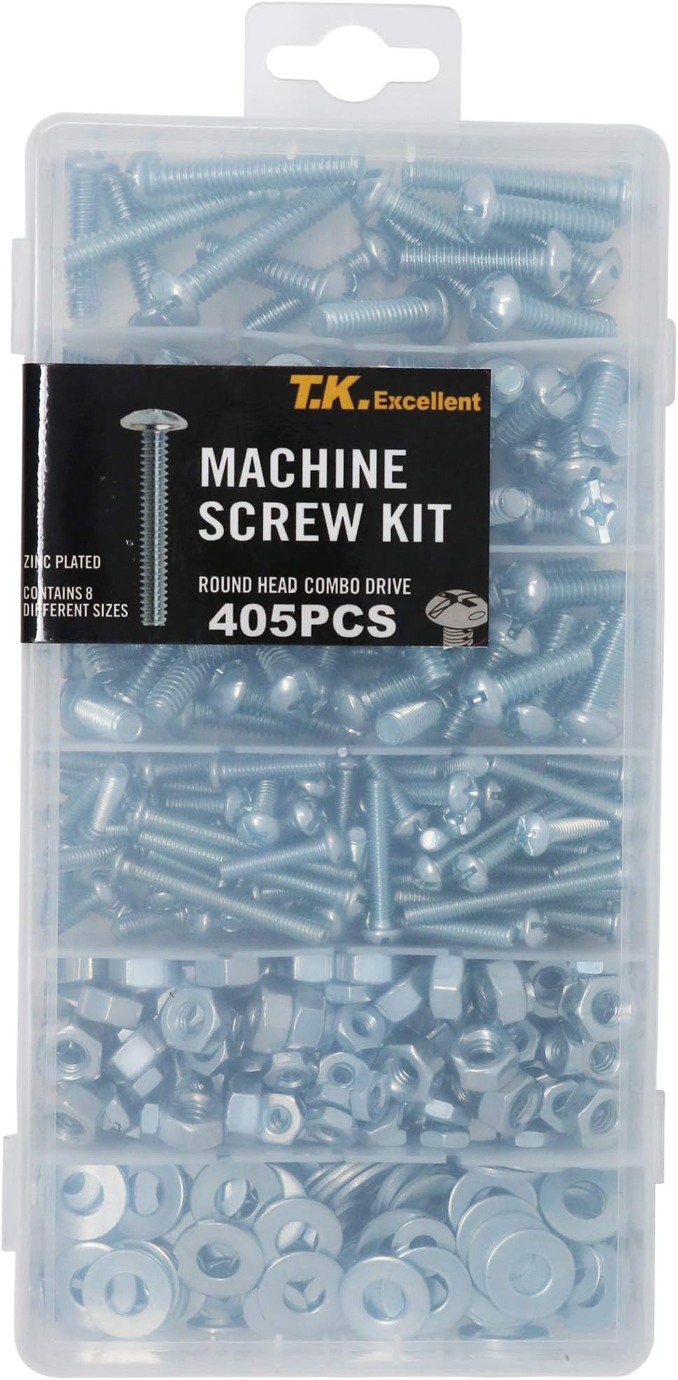 T.K.ExcellentMachine Screw and Hex Nut and Flat Washer #8-32 to #1/4-20 Phillips-Slotted Round Head Combo Drive Bolt Assortment Kit,405 Pcs