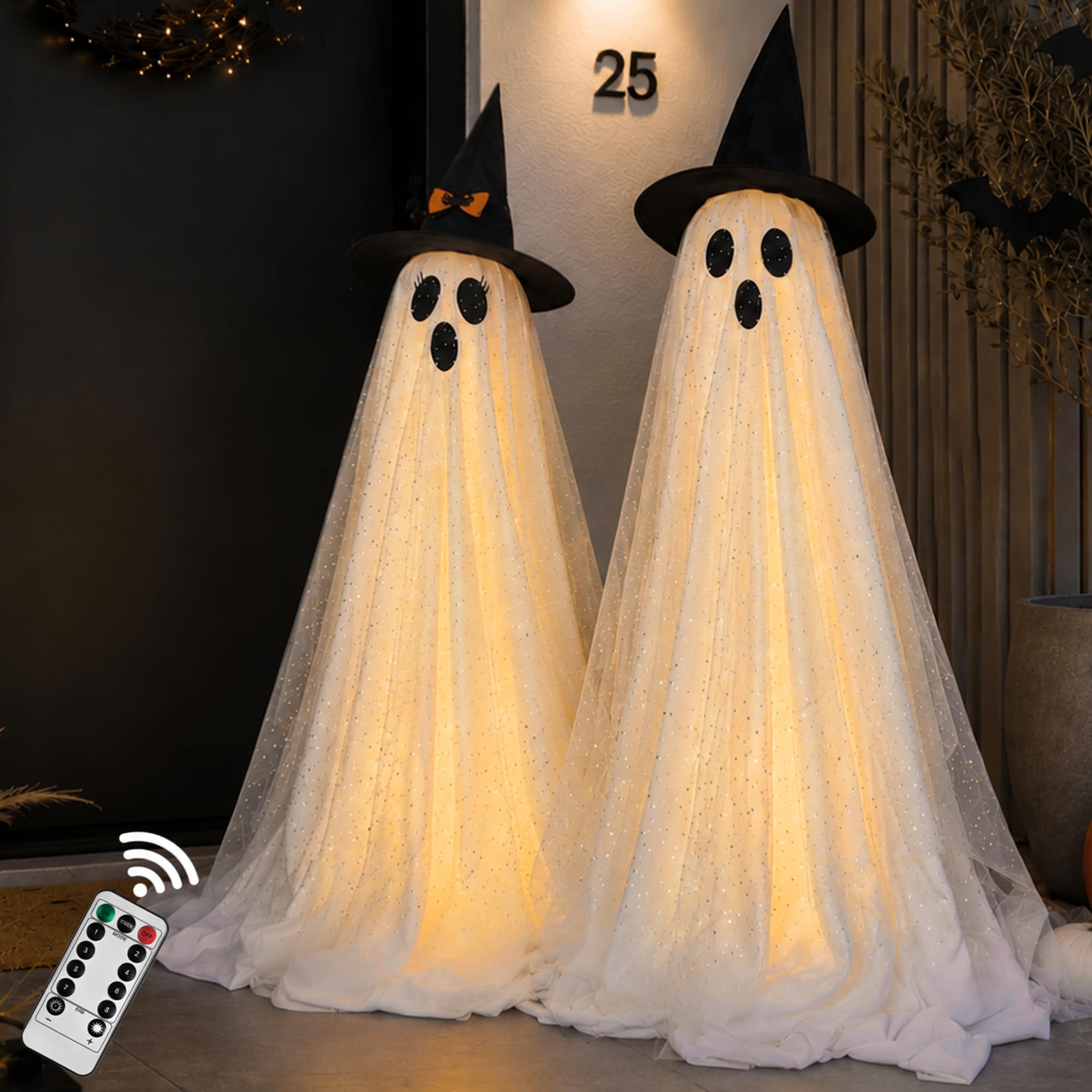 AYGXU 2Packs Halloween Decorations Outdoor Halloweens Party Decoration Indoor Spooky Ghost with Remote Control String Lights Halloween-Ghost Lights for Porches Yards Gardens Lawn