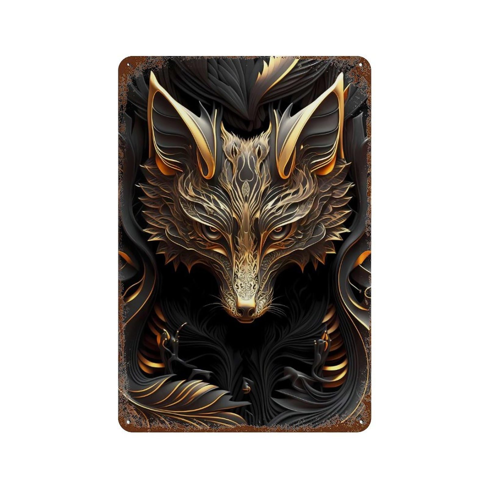 Golden Fox Art Deco Rusty Metal Tin Sign 11.8"x7.9", Vintage Wall Decor for Garage, Pub Or Kitchen