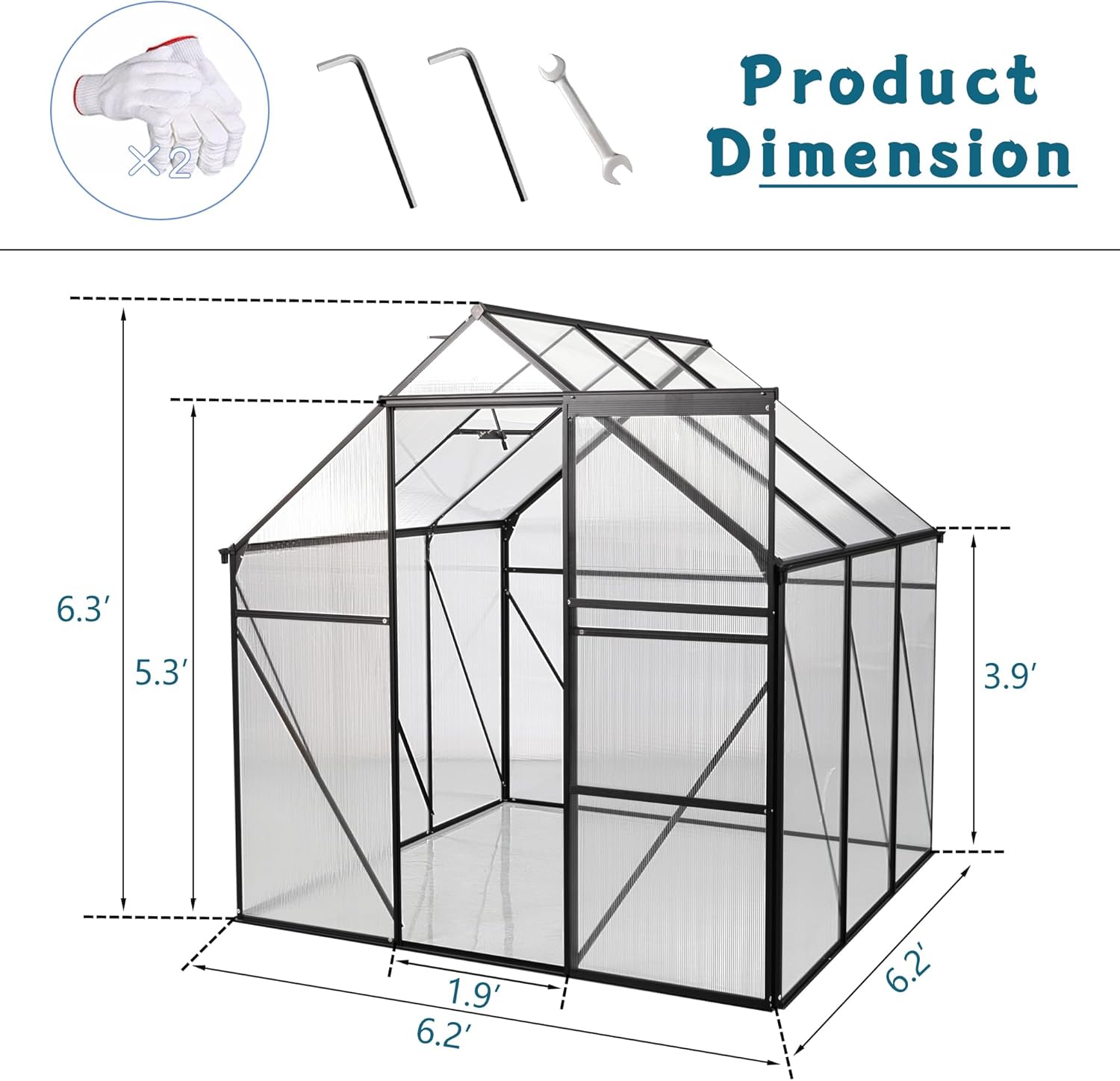 6x6 FT Polycarbonate Greenhouse, Heavy Duty Walk-in Aluminum Greenhouses with Sliding Door, Green House with Ventilation for Outdoor Backyard in All Season, Black