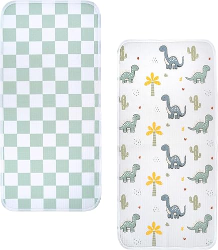 haakaa Forro impermeable para cambiador, 100% algodón, suave y transpirable (2 piezas, 13 x 27.5 pulgadas, Dino Land+días a cuadros)