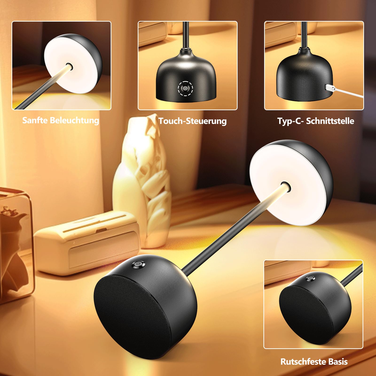 Lampada da tavolo senza fili con touch, lampada da tavolo a LED, a batteria, dimmerabile, 3 modalità di colore, 5000 mAh, con funzione di ricarica, IP54, impermeabile, per interni ed esterni (2 pezzi)