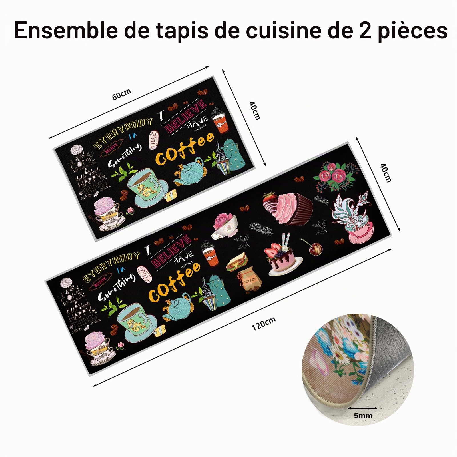 Lot de 2 tapis de cuisine lavables antidérapants imperméables café 40x60 40x120 cm
