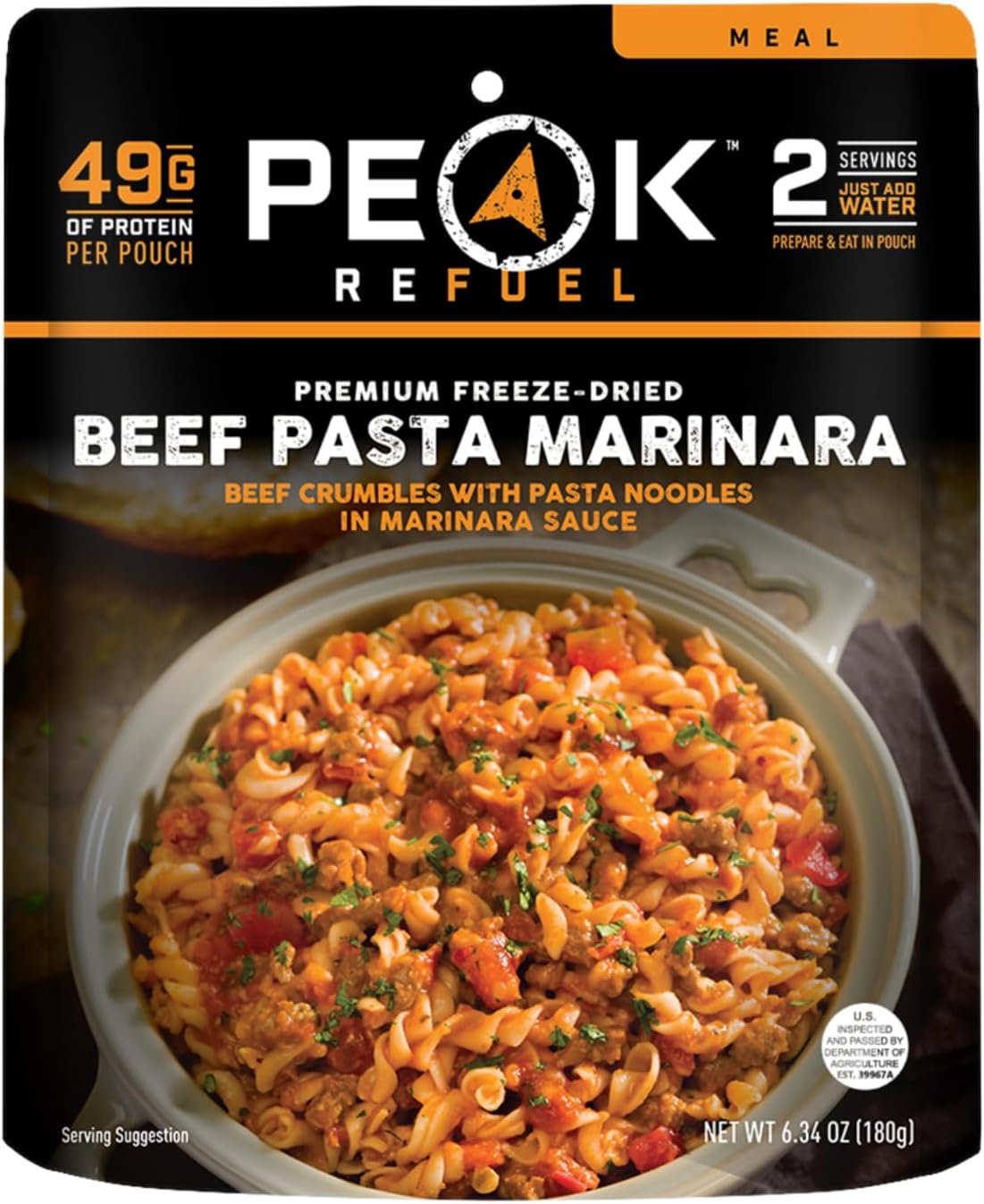 Peak Refuel Beef Pasta Marinara | 2 Serving Pouch | Freeze-Dried Backpacking Camping Food | Taste Great | Quick Prep