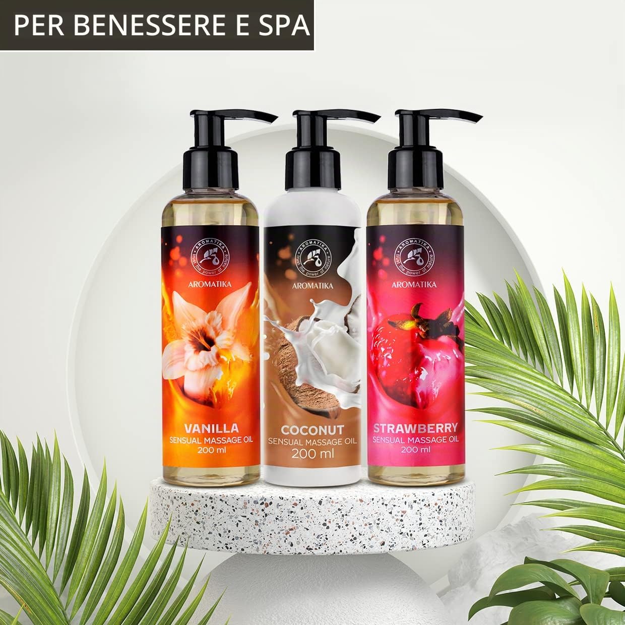Olio da Massaggio Sensuale Vaniglia - Cocco - Fragola 3x200ml - Olio di Сocco - Oli di Mandorle e Vinaccioli - Commestibile - Olio per Momenti Emozionanti - Olio per Massaggi Rilassante
