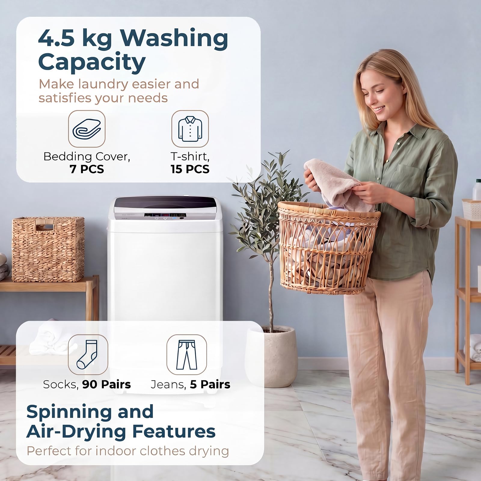 KOMFOTTEU Tragbare Waschmaschine, 4,5 kg, Mini-Waschmaschine, Toplader mit 10 Programmen, 8 Wasserstufen, LED-Display, kompakte Waschmaschine, automatisch, für Zuhause, Wohnungen