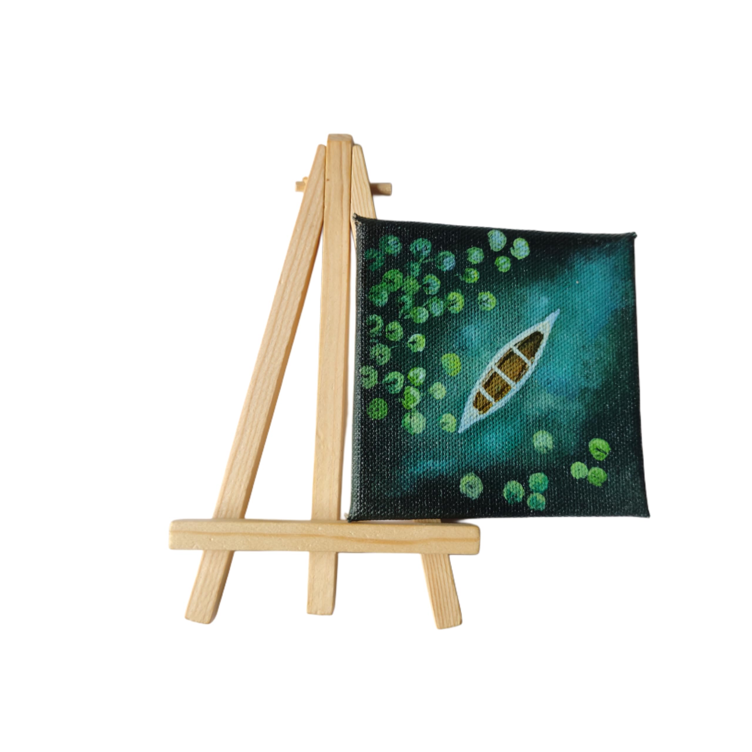 Mini Canvas Art with Wooden Easel Stand, Boat Painting, 7.6 cm x 7.6 cm, Teal and Green,home decor-image-10