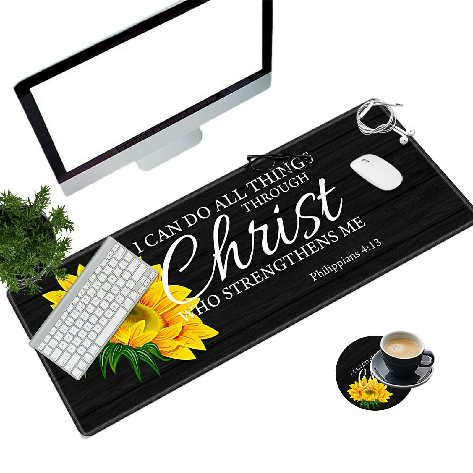 Desk Pad Mat Large Mouse Pad XL Extended Mousepad Gaming with Sunflower Bible 31.5" *11.8" Huge Mouse Pads for Computer Laptop Home Office + Cup