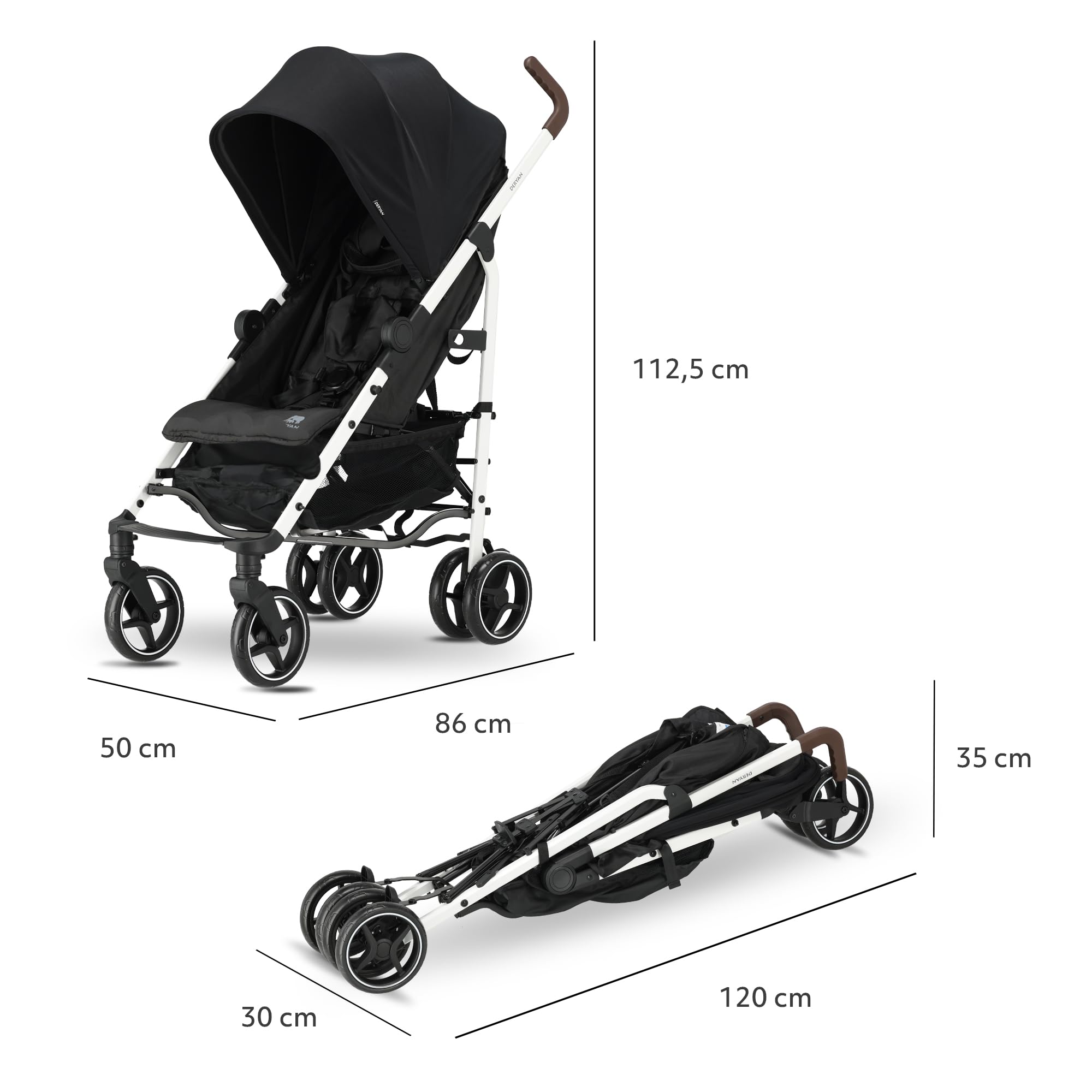 Deryan Bobbie wózek dziecięcy, wózek do leżenia, wózek sportowy, lekki – 8,5 kg, obrotowe koła przednie, regulowany uchwyt, bezstopniowa regulacja oparcia, szybkie składanie (czarno-biały)