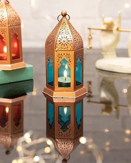 Homesake Metal Decorative Antique Copper Finish Moroccan Lantern Candle Holder, Tealight Hanging Home Office Decor (Set of 2, Multi)