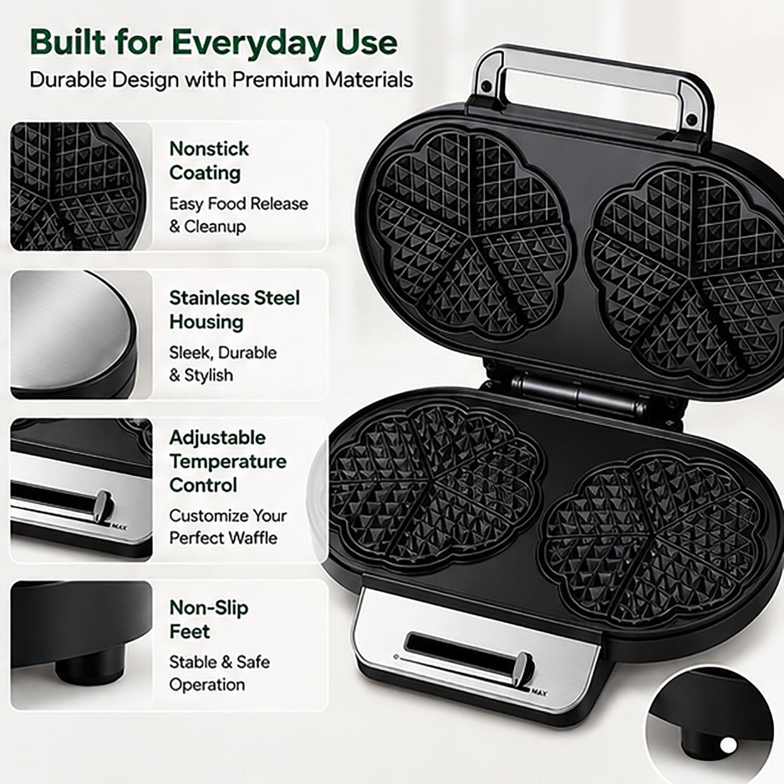 Macchina per waffle doppia a forma di cuore, riscaldamento rapido da 1200 W | Ferro antiaderente, temperatura regolabile, colazione in 3 minuti, riscaldamento uniforme, pulizia facile