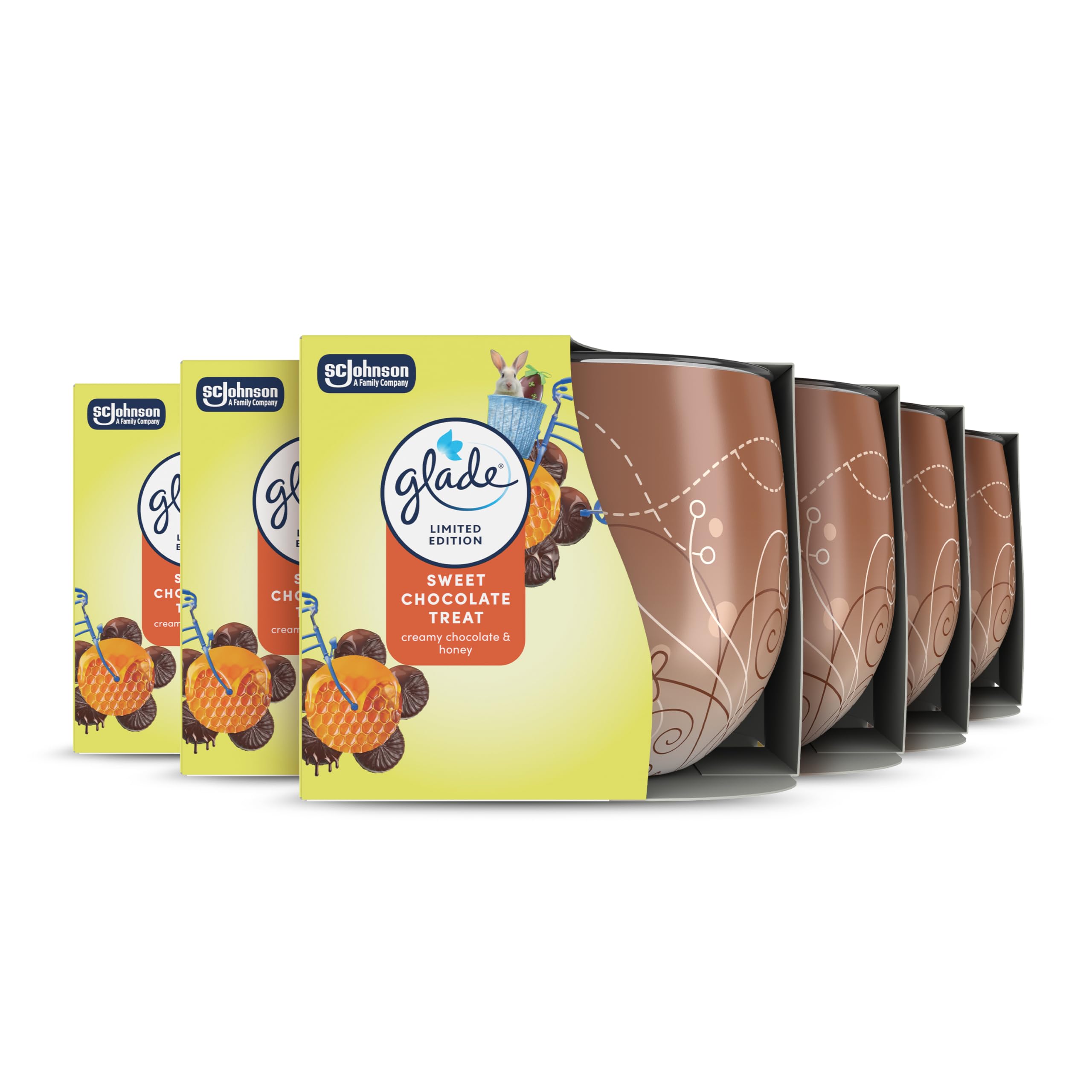 Glade Jar Candle, Scented Candle Infused with Essential Oils, Made Without Palm Oil, Up to 25 Hour Burn Time, Sweet Chocolate Treat, Pack of 6 (6x108g), Packaging May Vary