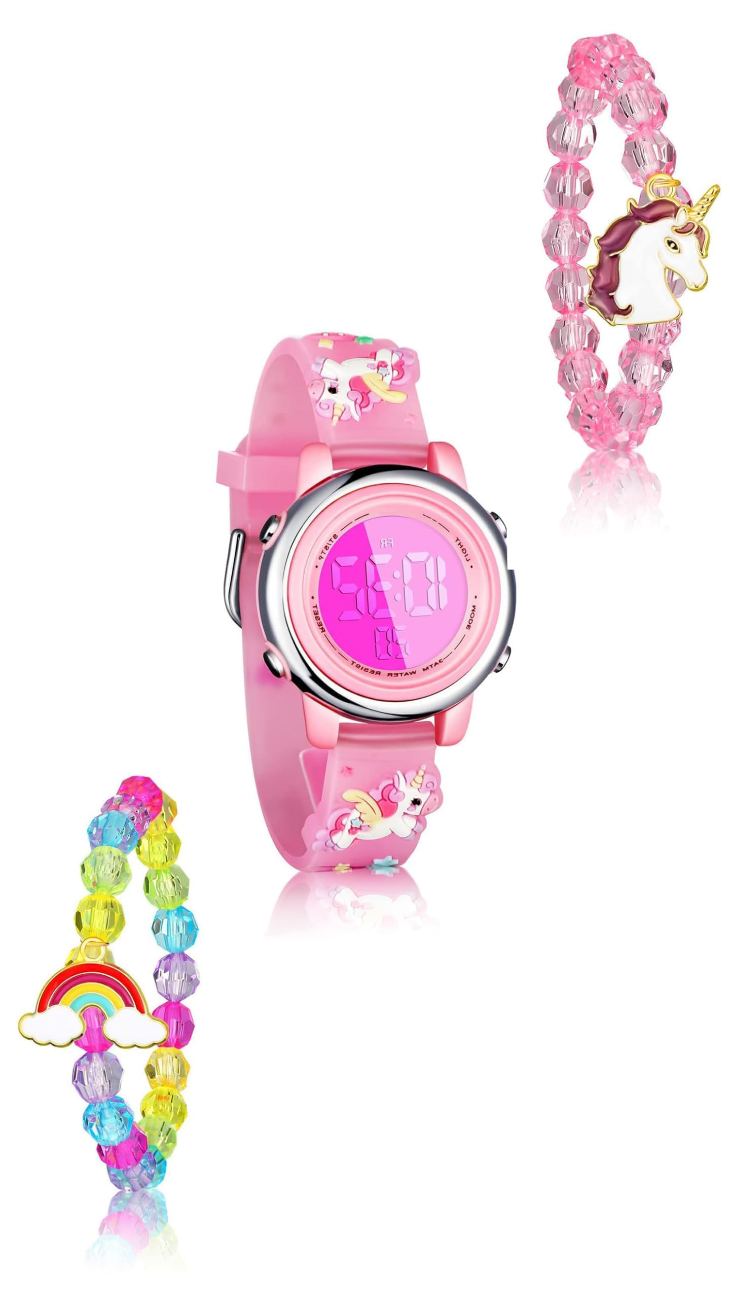 Sweet seven pcs Unicorn-themed Kids Watch Set: Waterproof Digital Watch  with Alarm, Stopwatch, and Unicorn Bracelet Perfect Back to School