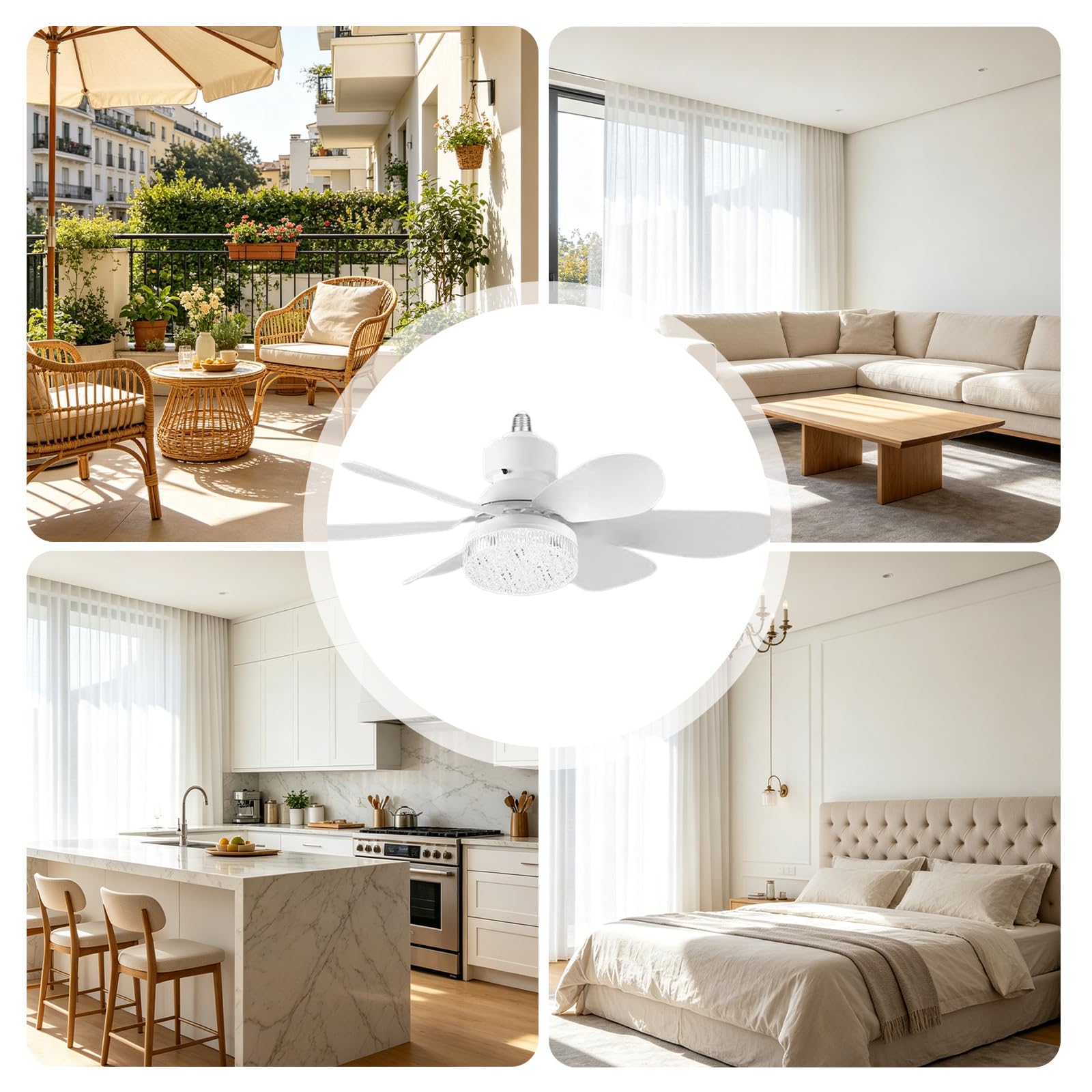 Ventilateur de Plafond avec Lumière et Télécommande, 52CM, 6 Pales, 3 Vitesses, 40W E27, Blanc