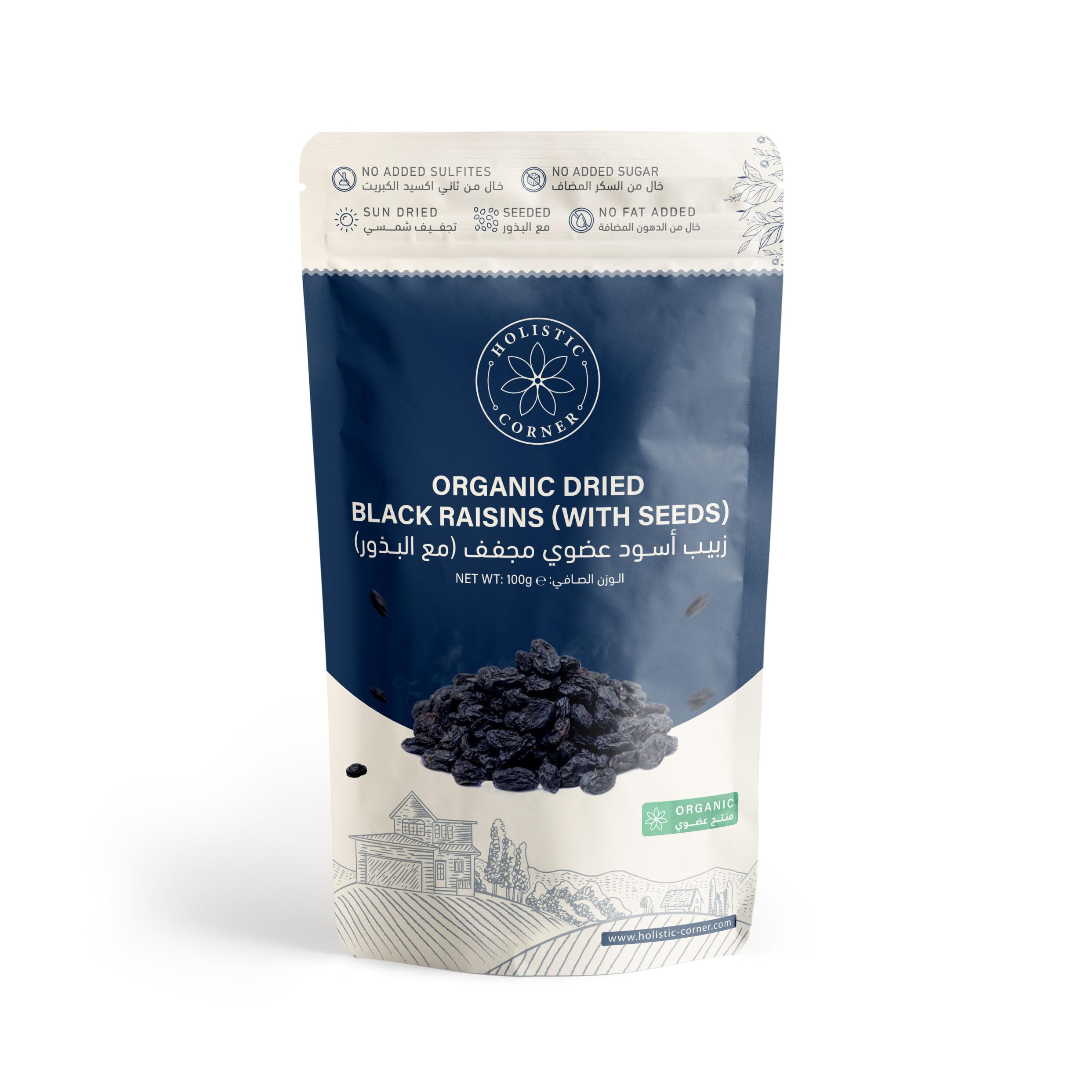 Holistic Corner Organic Sun‑Dried Black Raisins with Seeds – No Added Sugar, Preservatives‑Free – Premium Healthy Snack – 100g | 0.22lbs | 3.5oz