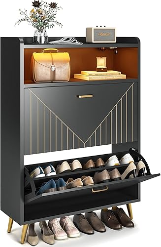 Aheaplus Zapatero con puertas abatibles, organizador de almacenamiento de zapatos con sensor de movimiento de luz LED, estante de madera para