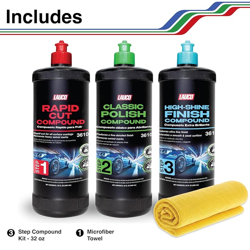 LAUCO 3-Step Kit – Steps 1 2 3 – 32oz, with a Towel, Professional Silicone-Free Cutting, Polishing & Finishing Compounds for Scratch Removal, Clear Coat Safe High-Gloss Finish Combo–32oz