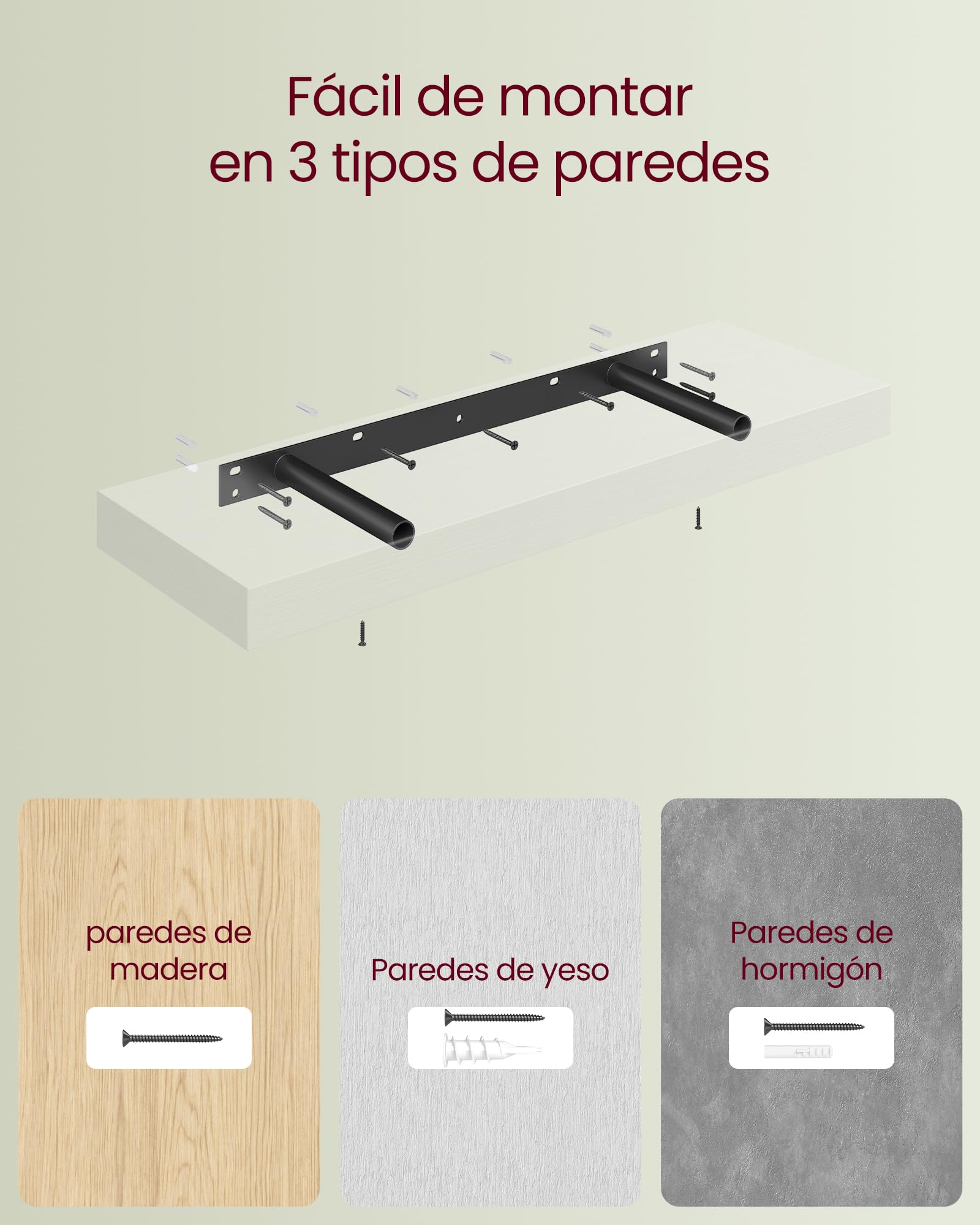 VASAGLE Estante de Pared, Juego de 3, Estante Flotante, 20 x 60 x 3,8 cm, Balda de Pared para Marcos de Fotos, Decoración, para Salón, Estudio, Cocina, Blanco Niebe LWS026WE01-3J