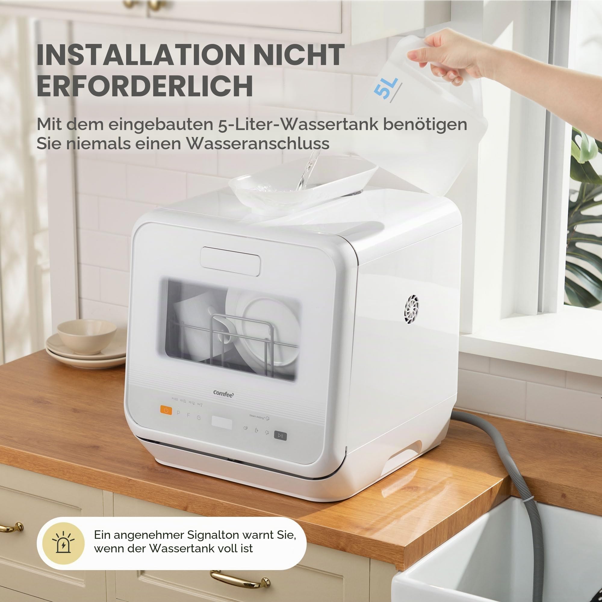 COMFEE Mini-Tischgeschirrspüler mit 6 Programmen, Dampfwäsche, Startzeitvorwahl, Weiß
