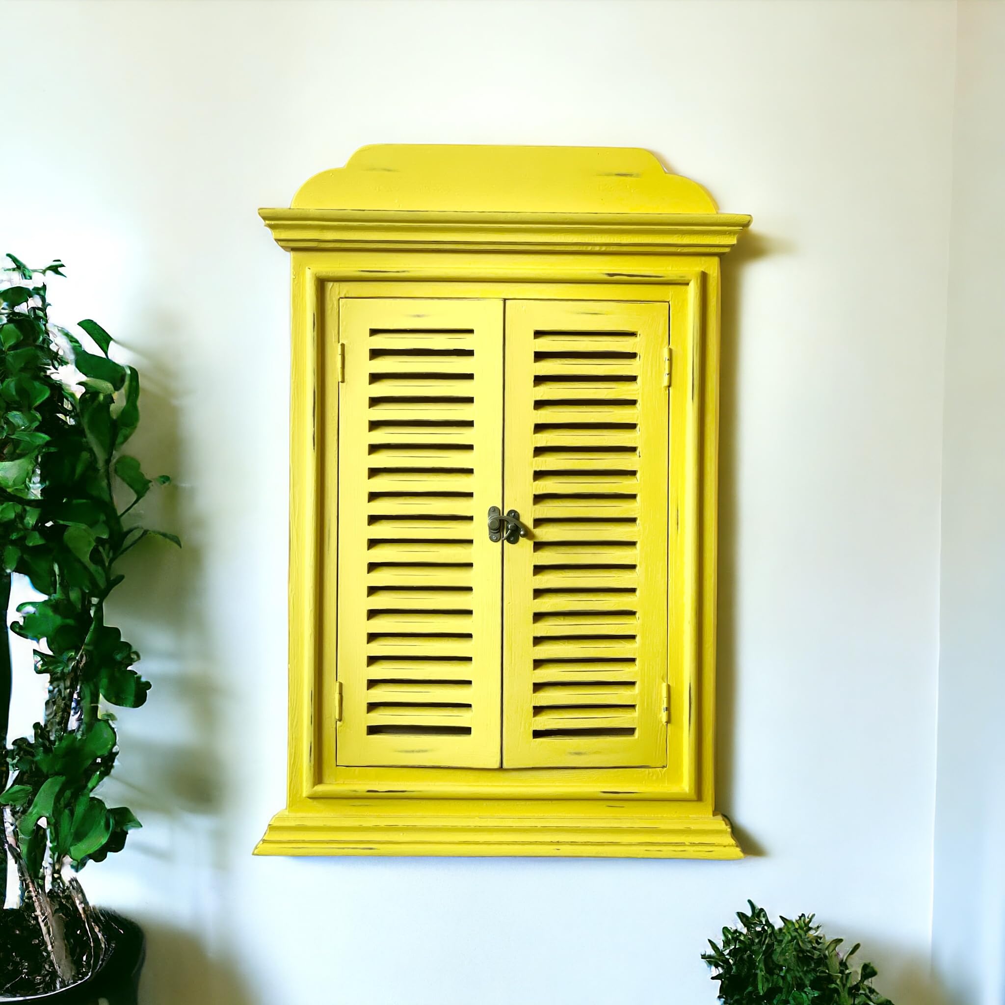 handmade large jharokha window decorative wall mirror frame in solid hard wood for bedroom | home decor | living room 76x45cm rustic (without mirror) (yellow) - rectangular