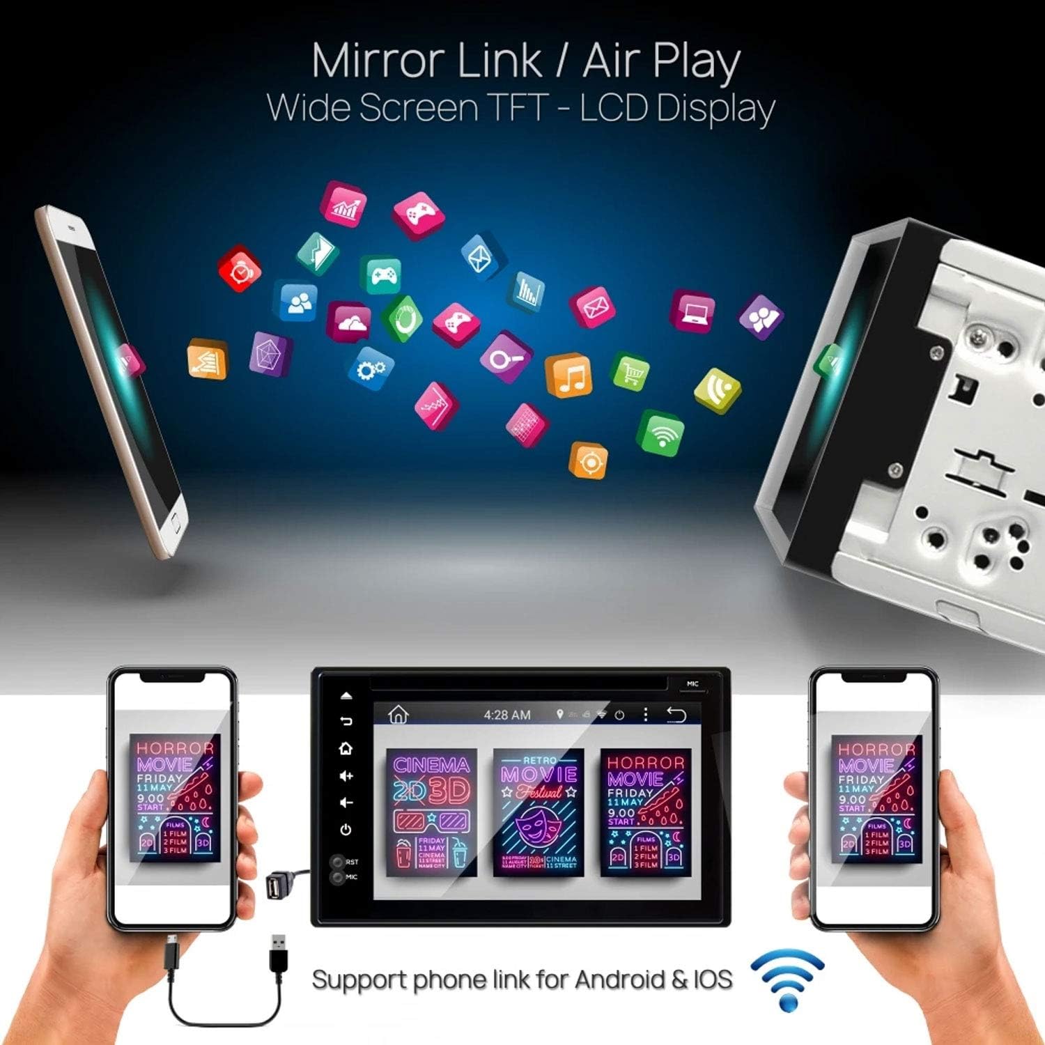 Pyle PLDNAND621 demonstrating Mirror Link / Air Play with smartphones.