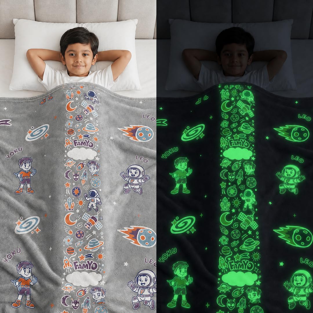 Famyo® GlowMaxx Glow Blanket for Kids – Leo The Astro | Kids Blanket 0–15 Yrs | 200×152 cm Double Bed Blanket | Soft Flannel Blankets for Winter | Lab-Tested & Safe Blanket for Kids (Grey)-image-11