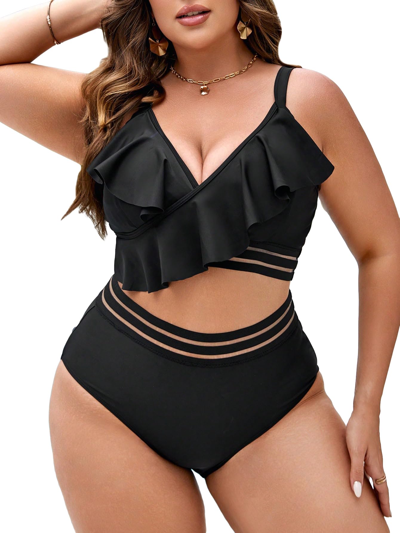 Costume da Bagno Donna Taglie Forti 2 Pezzi Bikini con Volant in Rete Scollo A V E Pantaloncini Sfacciati Nero 0XL(XX-Large Plus)