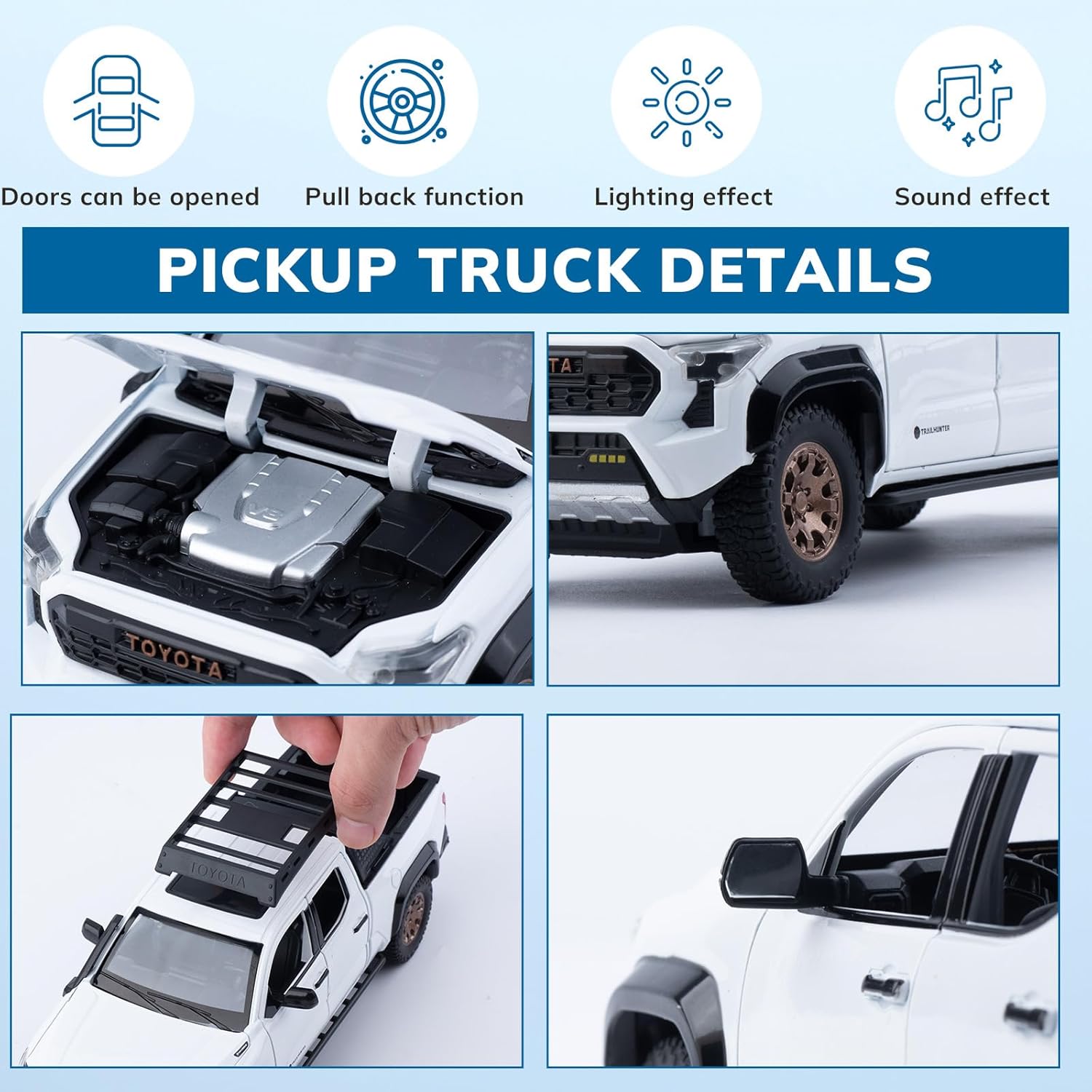 Toy Trucks for Boys 1 24 Diecast Cars Tacoma Toy Truck,Collectible Metal Pickup Trucks Model Car Kits,Pull Back Tacoma Truck Toy with Lights and Sounds,Toy Trucks for Boys Age 4-7（White）