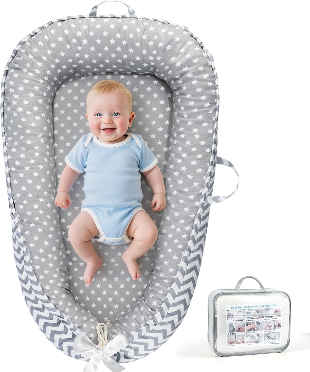 KISS GOLD Baby Lounger - Breathable Soft Cotton Cover Baby Lounger Nest, Babies Essentials Gifts, Portable Lounger for Baby Tummy Time Floor Playing Seated Support for Home and Travel