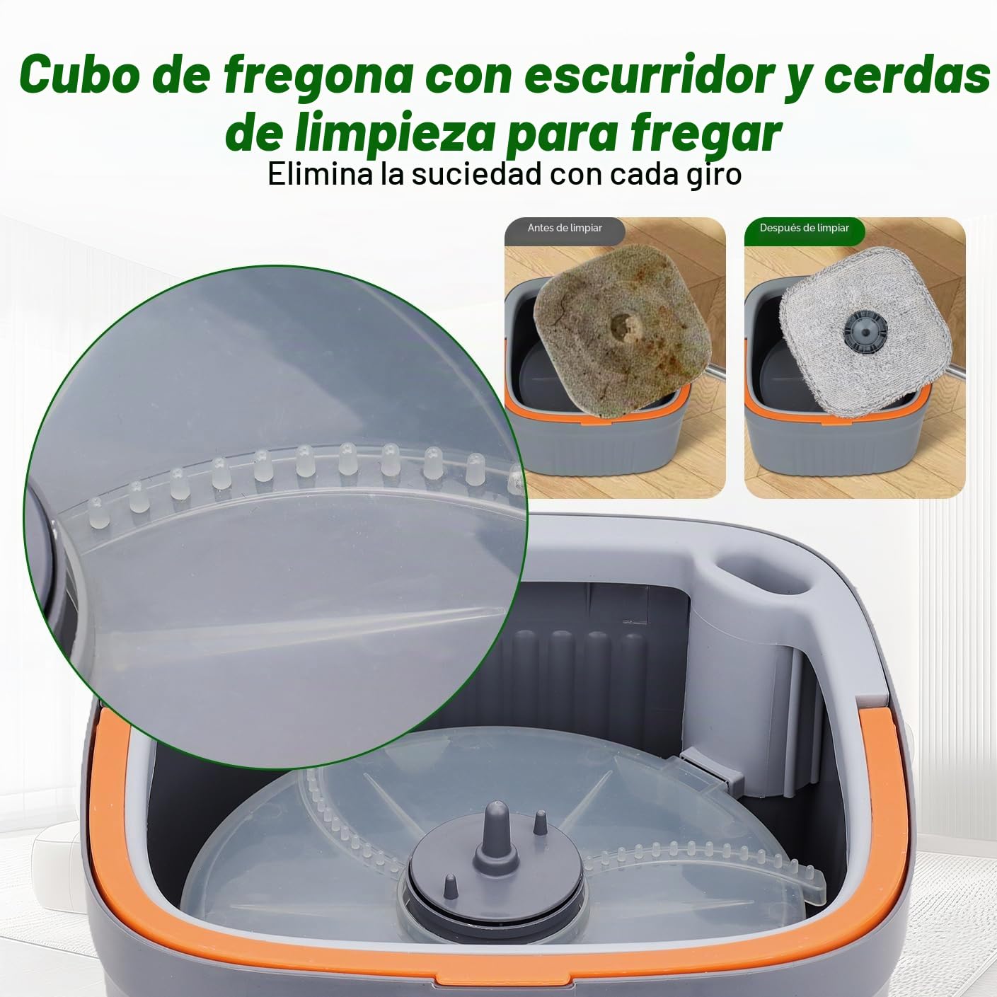 Sgizoku Juego de fregona con cubo, fregona giratoria de 360° con escurridor, función de lavado y secado, separa el agua limpia y sucia, mango telescópico con 4 almohadillas reutilizables para todo