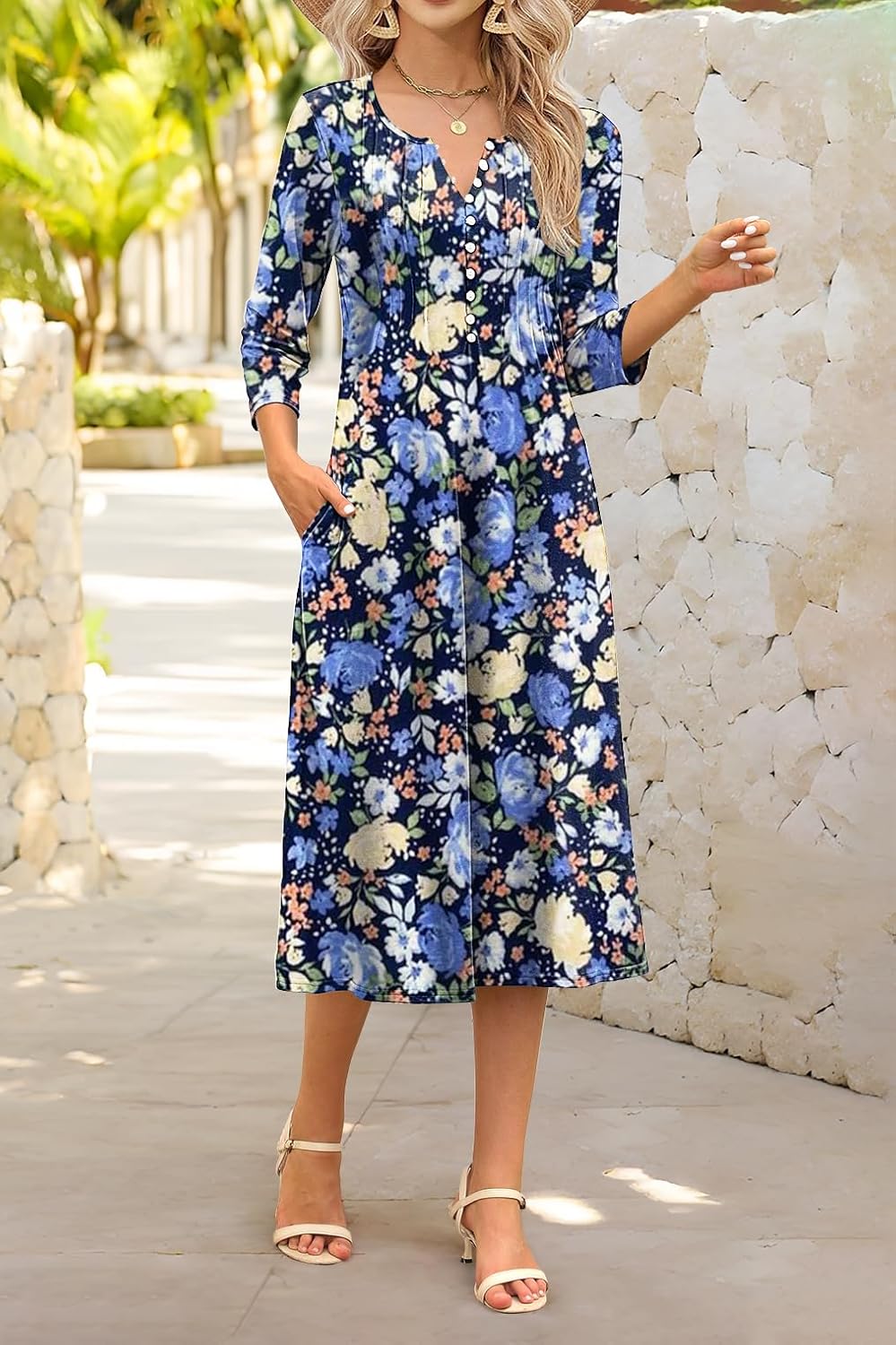 Soesdemo Long Sleeve Dress for Women Casual V Neck Pleated Button Down 3/4 Sleeves Knee Length Midi Dresses with Pockets - Image 3