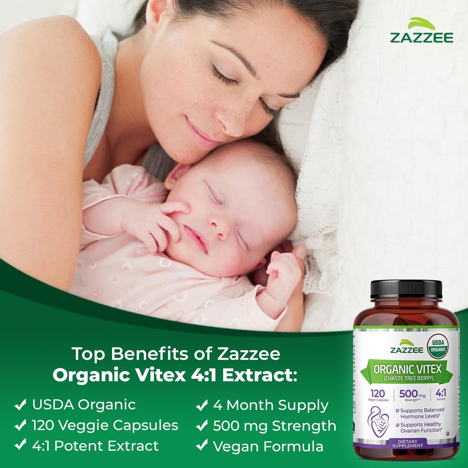 Zazzee USDA Organic Vitex, 500 mg Strength, 120 Vegan Capsules, 4 Month Supply, Kosher, Standardized and Concentrated 4X Extract, Whole USDA Certified Organic Chaste Berry, All-Natural and Non-GMO - Image 4