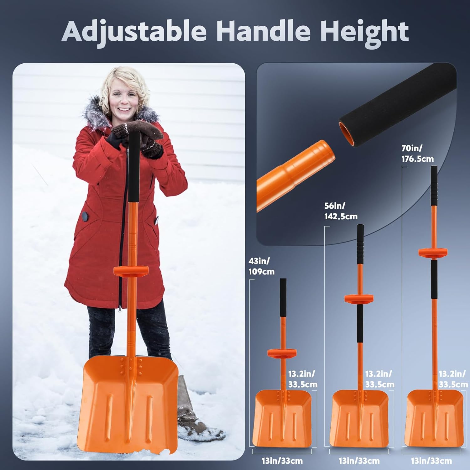 Heavy Duty Snow Shovel for Driveway with Assisted Handle, Ergonomic Snow Pusher for Removing Snow & Ice with 70" Long Handle, 13inch Blade Metal Shovel for Car, Driveway, Outdoor, Emergency