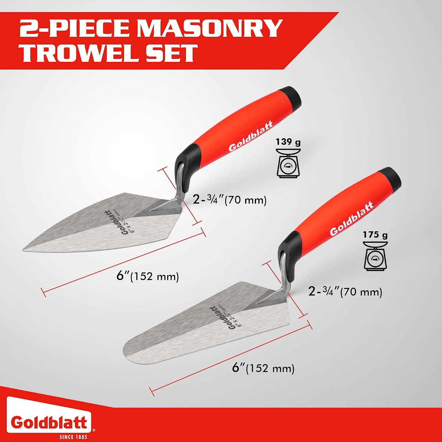 Goldblatt 6 Inch 2 Piece One-Piece Forged Masonry Trowel Set, 1 Pointing and 1 Gauging Trowel, 6x2-3/4 Inches, SAE 6150 Steel Blade, Ergonomic Handle for Brick, Mortar, Cement, and Masonry Work